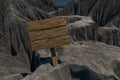 Empty wooden guide board and mountain road, 3d rendering