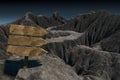 Empty wooden guide board and mountain road, 3d rendering