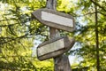 Empty wooden guidepost. Blank signposts in park with trees