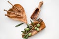 Empty wooden handmade bowl made from olive wood, heart-shaped scoop and cheese holders. Dishes from olive wood. Copy space