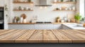 Empty Wooden Kitchen Tabletop in Front of a Blurred Modern Kitchen Royalty Free Stock Photo