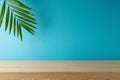 Empty wooden table with palm tree leaf over blue background . Summer mock up for design and product display