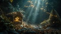 Empty Wooden Manger and Star of Bethlehem in Christian Christmas Scene: Birth of Jesus Christ Nativity Background in Cave Royalty Free Stock Photo