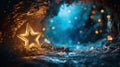 Empty Wooden Manger and Star of Bethlehem in Christian Christmas Scene: Birth of Jesus Christ Nativity Background in Cave Royalty Free Stock Photo