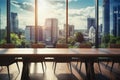 empty wooden meeting table on the background of a modern office with glass partitions, city with skyscrapers