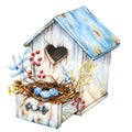 Empty wooden old birdhouse with box. Nest, eggs and flowers for home comfort. Hand drawn watercolor illustration