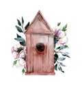 Empty wooden old birdhouse. Hand drawn watercolor illustration with pink flowers Royalty Free Stock Photo
