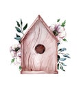 Empty wooden old birdhouse. Hand drawn watercolor illustration with pink flowers Royalty Free Stock Photo