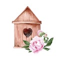 Empty wooden old birdhouse. Hand drawn watercolor illustration with pink flowers Royalty Free Stock Photo