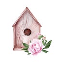 Empty wooden old birdhouse. Hand drawn watercolor illustration with pink flowers Royalty Free Stock Photo