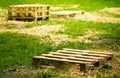 Empty wooden pallets on green grass Royalty Free Stock Photo