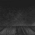 Empty Wooden Perspective Platform with Abstract Grunge Black Wall Background Texture used as Template to Mock up for Display Produ Royalty Free Stock Photo