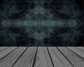Empty Wooden Perspective Platform with Black Seamless Pattern Leather Wall Background Texture in Vintage Style Room Interior Royalty Free Stock Photo