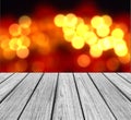 Empty Wooden Perspective Platform with Sparkling Abstract Rainbow Blur Bokeh used as Template to Mock up for Display Product Royalty Free Stock Photo