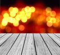 Empty Wooden Perspective Platform with Sparkling Abstract Rainbow Blur Bokeh used as Template to Mock up for Display Product Royalty Free Stock Photo