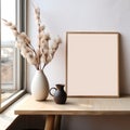 Empty Wooden Picture Frame. Framework. Vase with pampas grass.