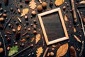 Empty wooden picture frame mock up with autumn season decoration Royalty Free Stock Photo