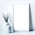 Empty wooden picture frame mockup. Golden vase with plant on white table. White wall background. Elegant working space. Royalty Free Stock Photo