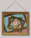 Empty wooden picture frames are stacked on one another with a single focal point of a small frame