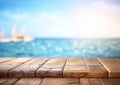 Empty wooden planks with blue sea and yacht background view.Macro.AI Generative Royalty Free Stock Photo