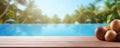 Empty wooden table with blur summer beach on background, copy space for text Royalty Free Stock Photo