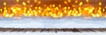 Empty wooden planks floor on christmas snow lights bokeh warm ba Royalty Free Stock Photo