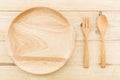 Empty wooden plate and spoons, forks.