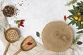 Empty wooden platter and cooking utensils on kitchen table background Royalty Free Stock Photo