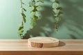Empty wooden podium log on table over green leaves background. Cosmetic mock up for design and product display