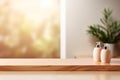 Empty wooden podium on table over blurred bathroom background for product Royalty Free Stock Photo