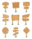 Empty wooden round and square signpost standing in grass. Vector illustration set