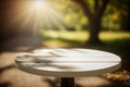 Empty wooden round table for product display with blurred garden background. Ai generative Royalty Free Stock Photo