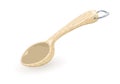 Empty wooden rustic spoon with metallic d-ring hung. Plastic kitchen ladle, bailer for measuring.