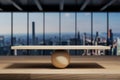 Empty wooden scale with sphere on desk in modern office, skyline view, 3D Illustration