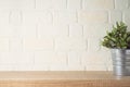 Empty wooden shelf with plant over brick wall interior. Kitchen mock up for design Royalty Free Stock Photo