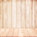 Empty wooden shelf on Wood wall texture background Royalty Free Stock Photo