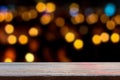 empty wooden shelves on blur bokeh background Royalty Free Stock Photo