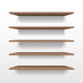 Empty wooden shop or exhibition shelf, retail shelves mockup isolated. Realistic wooden bookshelf with shadow on wall