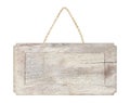 Empty wooden sign with lope for hang on white