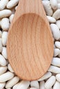 Empty wooden spoon on Pile Great Northern Beans background.