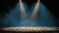 Empty wooden stage illuminated by two bright spotlights with smoky background creating a dramatic and focused atmosphere for Royalty Free Stock Photo