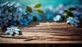 Empty wooden surface with with blue spring lilac blossom background, generative ai Royalty Free Stock Photo