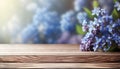Empty wooden surface with with blue spring lilac blossom background, generative ai Royalty Free Stock Photo
