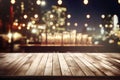 Empty wooden table and abstract night city lights bokeh background,  product display template Royalty Free Stock Photo