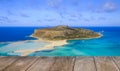 Empty wooden table with amazing view over Balos Lagoon and Gramvousa island on Crete, Greece Royalty Free Stock Photo