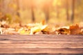 Empty wooden table autumn leaves nature bokeh background with a country outdoor theme,Template mock up for display of product Royalty Free Stock Photo