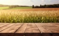 Empty wooden table on the background of a field with wheat.Ready for product display montages.Generative AI