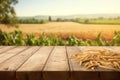 Empty wooden table on the background of a field with wheat.Ready for product display montages.Generative AI