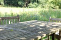 Empty wooden table with bench on sunny day in garden Royalty Free Stock Photo