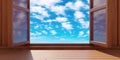 Empty wooden table, blue sky and clouds view out of open window Royalty Free Stock Photo